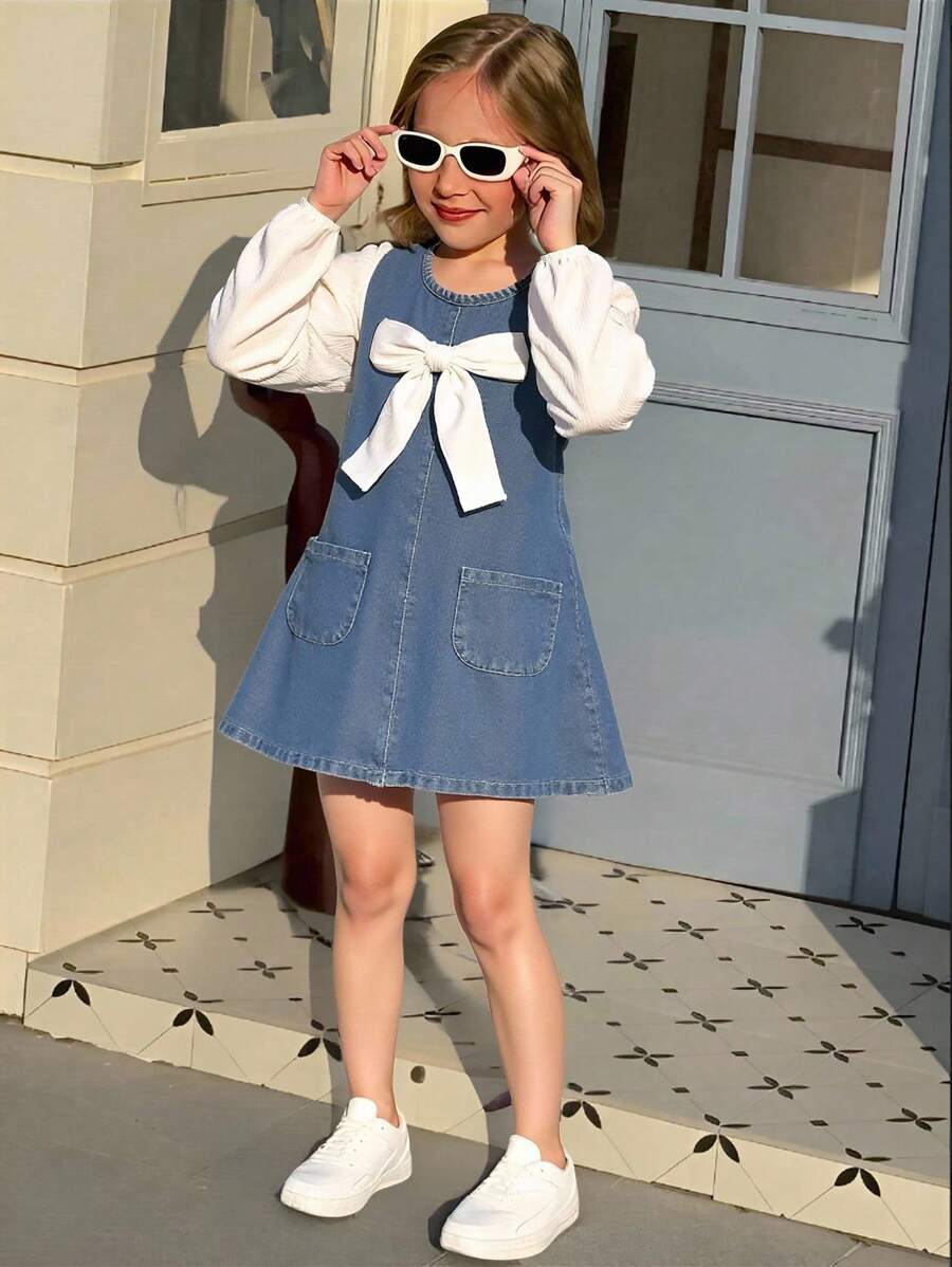 Elladie kids Young Girls Denim Dress With Butterfly Decor, 2-In-1 Design, Contrast Color Blue, Cute Casual Style For Autumn, Back-To-School, Spring & All Seasons - Blue and White - View 1