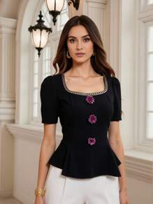 DAZY Blusa de manga corta elegante y entallada con decoración floral de lentejuelas, con volantes en el bajo, adecuada para fiestas, bodas, graduaciones, verano - Negro - Ver 3