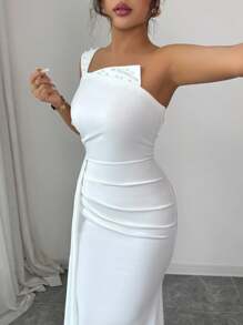 Rafferiza Women's One Shoulder Beaded Ruched Waist Fishtail Hem Dress All White Summer Dress - White - View 5