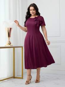 Modelyn Plus Size Elegant Solid Color Bowknot Decor Dress, Summer