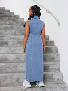 SHEIN 青少年女孩夏季休闲经典翻领无袖蓝色牛仔衬衫裙，女孩春夏装春假装