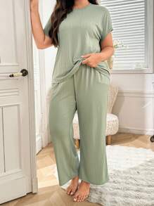 SHEIN Ribbed Soft & Skin-Friendly Casual Homewear Pajamas Set, Plus Size, Outfits - Green - View 5