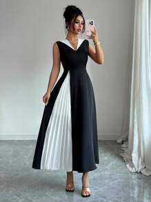 TrendSteals Robe élégante et gracieuse sans manches pour dame - Noir et Blanc - Voir 1