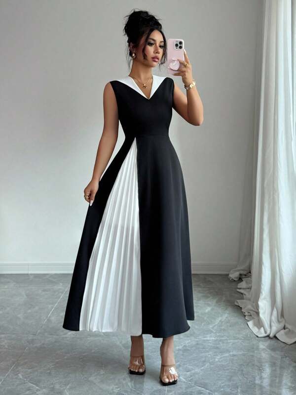 Elenzga Women's Casual Elegant Commuter Style Contrast Color Pleated Sleeveless Long Dress