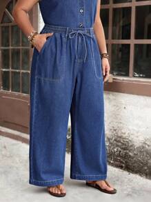 EMERY ROSE Plus Size Casual Vacation Solid Color Denim Jeans, Fashionable For Summer - Dark Wash - View 6