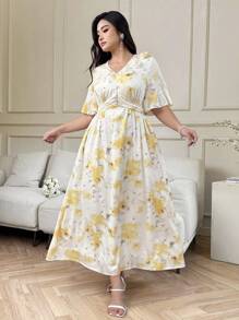 SHEIN Clasi Plus Size Women's Yellow Floral Print Chiffon Maxi Dress, Elegant, Lightweight, Short Sleeve, Flowing Summer Dress With 3D Floral Decor Summer Outfits - Yellow - View 3