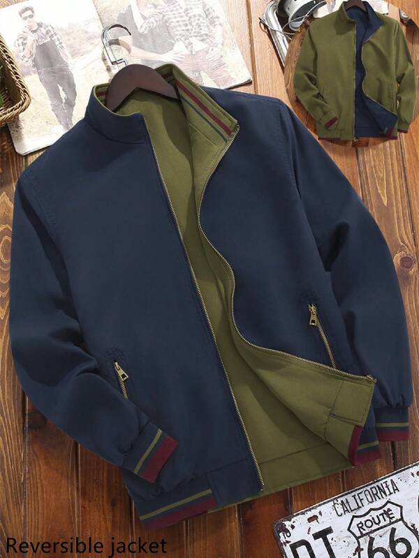 Manfinity Sporsity Men's Casual Stand Collar Zip Up Jacket With Angled Pockets, Reversible