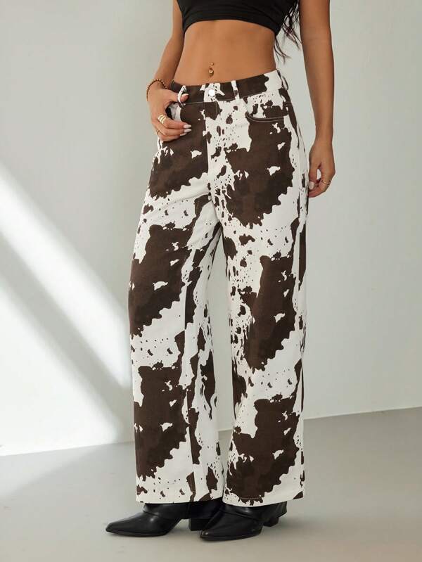 SHEIN PETITE Women Casual Cow Print Straight Leg Pants
