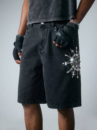 Street Life Pantaloncini di jeans larghi casual da uomo con decorazione di strass sulla tasca