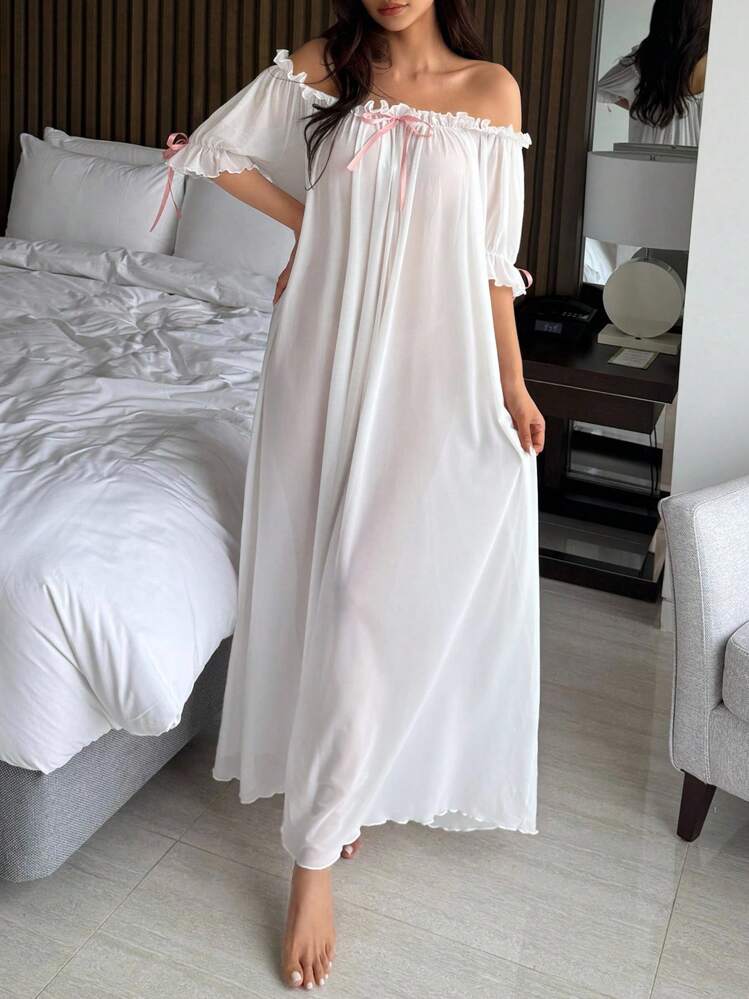 DAZY Chemise de nuit longue sexy pour femmes avec épaules dénudées, volants et maille transparente - Blanc - Voir 7