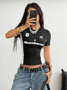 Coolane 女式夏季 Y2K 街头服饰复古音乐会狂欢节外出黑色短款 T 恤 - 黑色 - 查看 5