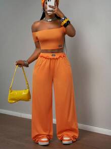 Slaydiva 2025新款夏季音乐节生日派对毕业休闲基础套装露肩短袖短款上衣&条纹宽松直筒裤橙色两件套橙色两件套阔腿裤套装裤子两件套夏季裤子套装 - 橘色 - 查看 4