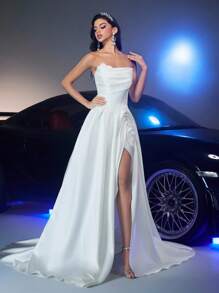 Glamrae Elegant White Spring Silky Formal Wedding Bridal Dress,Luxurious Deluxe Satin Handmade Pleats,3D Flower Decoration Sailboat Tie Slits Skirt - White - View 8
