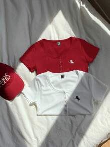 Comfortcana 2pcs Wine Red & White Solid Henley Neck Embroidery Fitted Short Sleeve T-Shirts