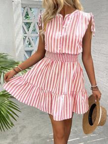 Breezaya Women Summer Blue & White Striped Shoulder Ruffle Bowknot Cinched Waist Cotton Dress
