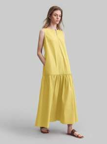 Ontre Vestido largo sin mangas de cuello redondo para mujer, estilo retro, amarillo, uso diario casual, vestido maxi sin camisa de unicolor minimalista, Vestido de vacaciones
