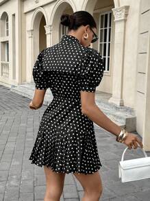 Siren Gaze Retro Polka Dot Business Casual Woman Wedding Guest Dress Women Polka Dot Dress Polka Dot Dress Black Polka Dot Pleated Navy Collar Bow Casual High Street Commuting Holiday Short Dress Women's Polka Dot Puff Sleeve Ruffle Hem A-Line Mini Dress Elegant Summer Evening Dress Black - Black - View 4