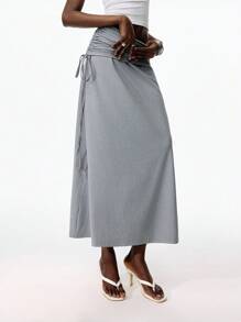 LYSMO 女式纯色抽绳腰休闲迷你裙 - 灰色 - 查看 1