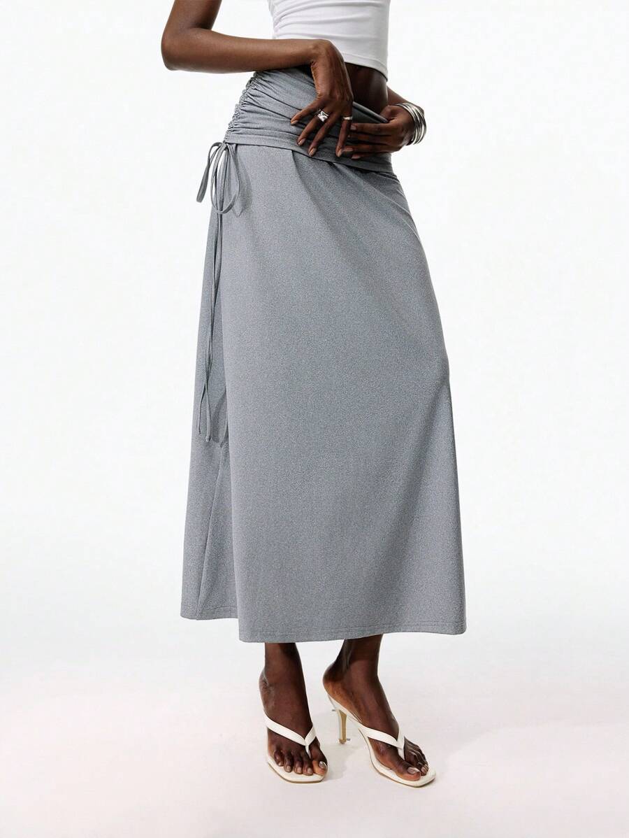 LYSMO Váy mini thường ngày có dây rút eo màu trơn dành cho nữ - Xám - Xem 1