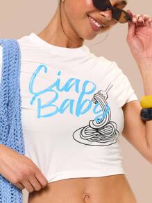 MUSERA "Ciao Baby" Graphic Print Cropped Fitted Baby Tee Summer Vacation Holiday Festival Cute Casual Elegant Tuscan Sun Airport Fall Back To School
