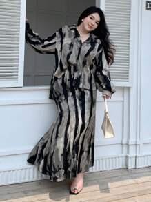 Dazy Plus Conjunto de 2 piezas de blusa holgada con estampado floral y falda para talla grande, estilo casual de resort para otoño/invierno