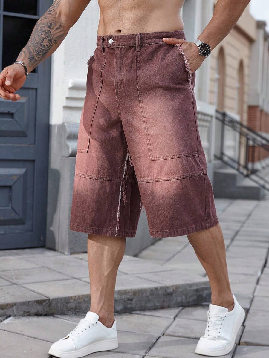 Manfinity LEGND Plus Size Men's Pockets Frayed Hem Wide Leg Loose Casual Denim Shorts - Burgundy - View 1