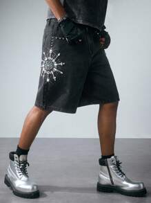 ROMWE MEN Men's Street Life Rhinestone Decor Pocket Wide Leg Loose Casual Denim Shorts - Black - View 5