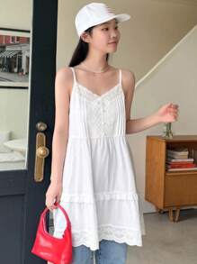 DAZY Ladies' Solid Color Simple Casual Camisole,Ruffle Babydoll Top - White - View 9