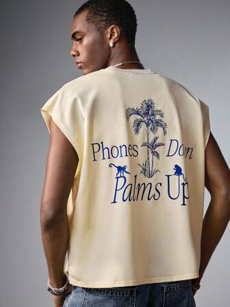 The White Lotus Men's Street Life Summer Vacation Tropical & Letter Graphic Loose Fit Tank Top