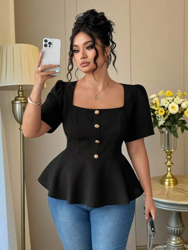 Auvina Blusa casual de manga corta con cuello cuadrado y hebilla metálica de unicolor para verano