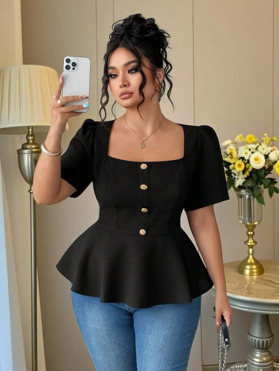 Auvina Áo cánh tay ngắn cổ vuông kim loại màu trơn mùa hè - màu đen - Xem 1