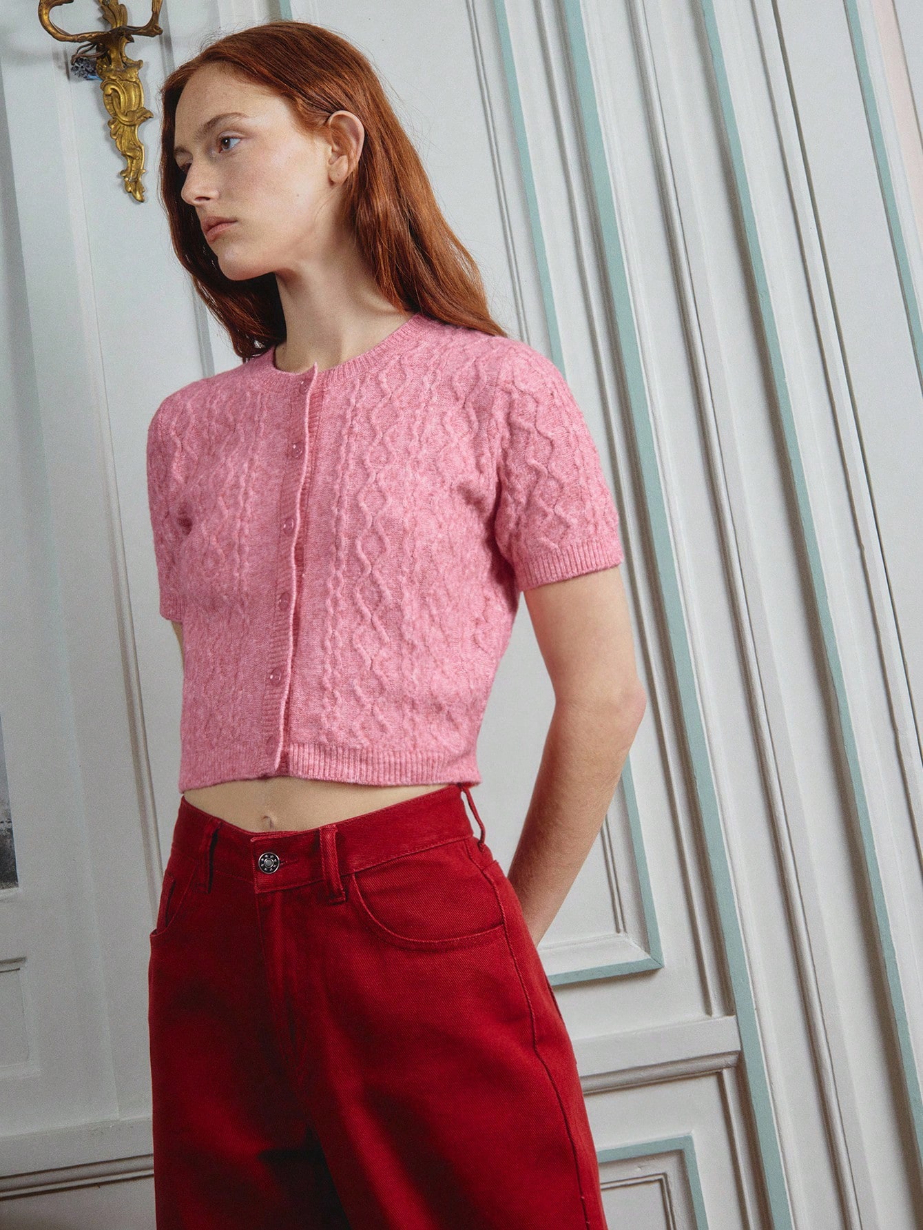 Cute Soft Touch Pink Cable Knit Fitted Crop Top With Pink Buttons Cute Spring Top Women Office Outfits Chic Outfits Spring Summer Pink Top