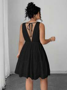 Elenzga 女式加大码无袖蝴蝶结荷叶边多层蛋糕连衣裙 - 黑色 - 查看 2