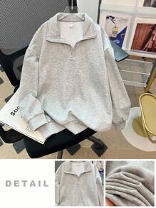 SHEIN Tween Girl 休闲基本款半拉链高领混纺灰色运动衫 - 灰色 - 查看 7