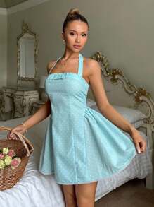 Glamine Abito corto estivo da donna con stampa a pois blu, scollo a canottiera e linea ad A, outfit da vacanza