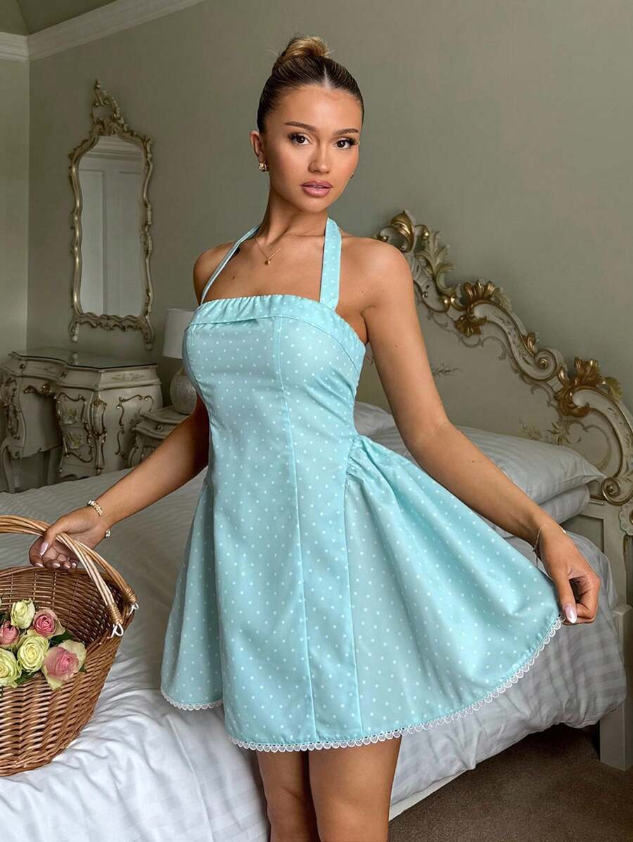 Glamine Abito corto estivo da donna con stampa a pois blu, scollo a canottiera e linea ad A, outfit da vacanza