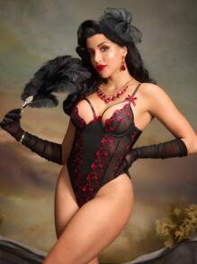 女士花卉刺绣吊带性感连体裤 - 黑色 - 查看 2