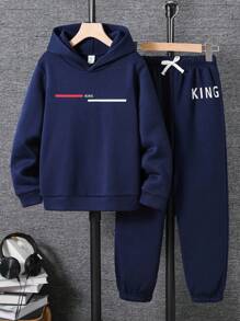 SHEIN 2pcs Set Tween Boy Casual College Style Dark Blue Paris Letter Graphic Hoodie And Dark Blue Drawstring Pants Suit, Suitable For Academy, Home, Daily Wear, Sports, Versatile And Simple, Hoodie And Sweatpants ,Setback To School Clothes Boy,School Clothes,Back To School Clothes Boys Sweatsuits Set Hoodie And Sweatpants Set Boys 2 Piece Outfit S Boys Tracksuit Fall Winter - Navy Blue - View 4