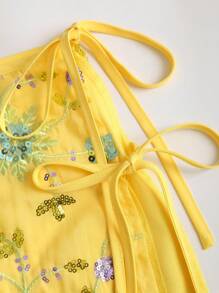 Sweetra 女士花卉亮片提花开衩蝴蝶结中长裙 - 黃色 - 查看 4