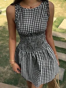 SHEIN EZwear 夏季休闲度假格纹迷你连衣裙 - 黑色 - 查看 4