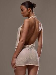 MUSERA 露背垂褶网纱镶钻迷你连衣裙，适合夏季、度假、节日、Y2K婚礼宾客之夜、约会之夜、夜间外出、生日、冬季夜晚等场合。