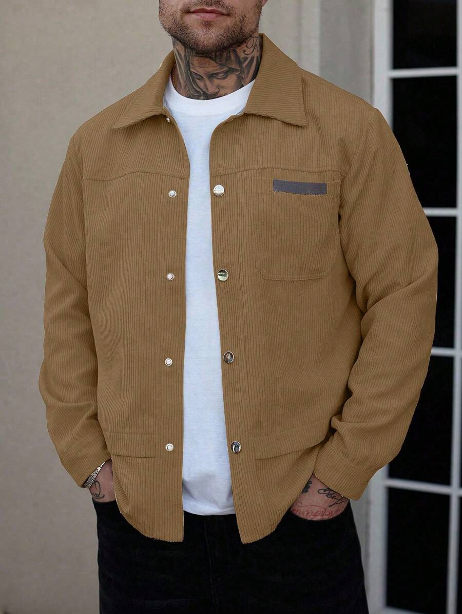 Manfinity Homme Men's Casual Everyday Corduroy Jacket, Spring/Autumn Men Shacket Men Overshirt Corduroy Shirt Jacket Men Brown Corduroy Jacket Men Tan Shirt Jacket.A Great Gift For A Boyfriend Or Husband. - Brown - View 1