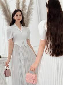 Teen Girl Ruched Lapel Short Sleeve Button Blazer Jacket & Midi Ruched Skirt 2 Pieces Set - White - View 3