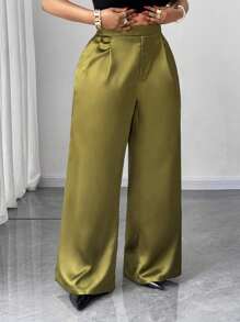 Maweii Plus Size Women High Waist Solid Color Pleated Wide Leg Loose Pants - Green - View 1