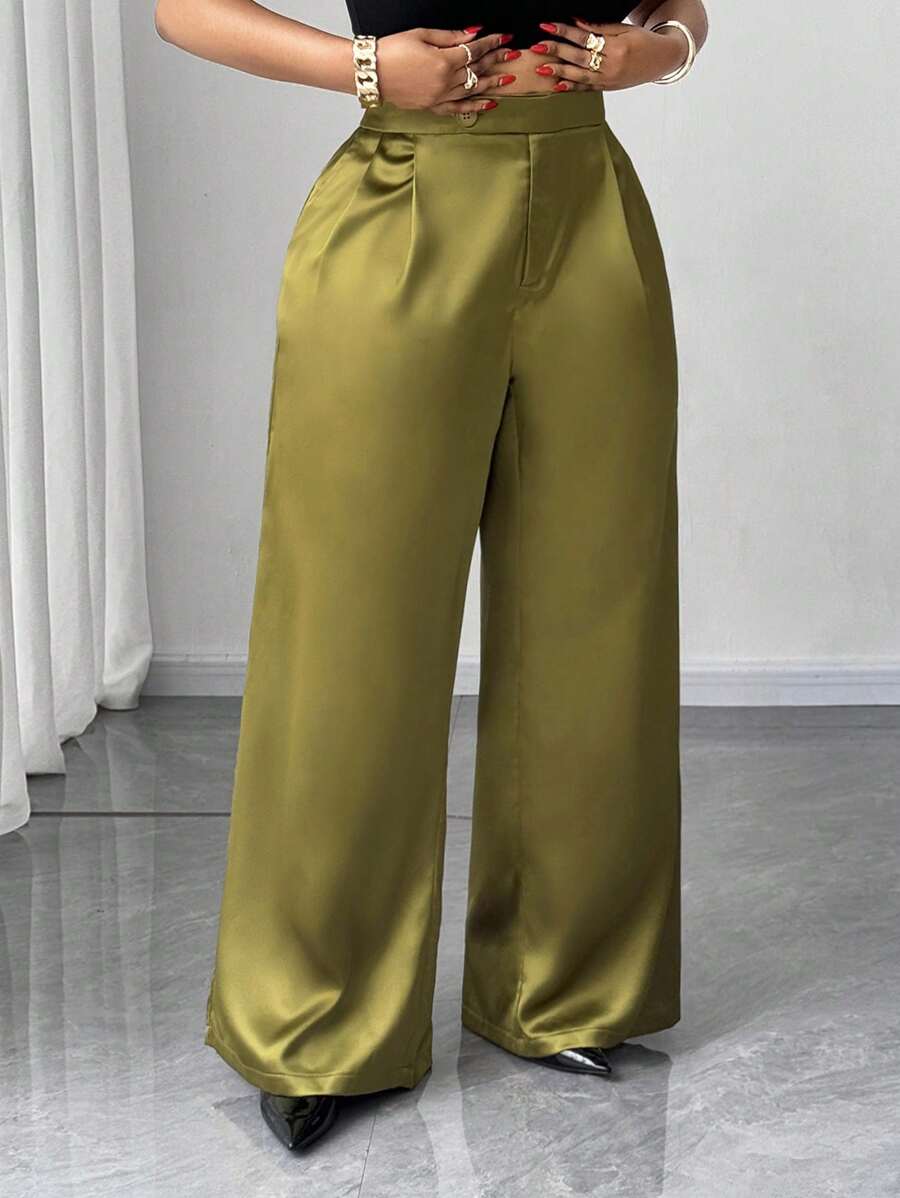 Maweii Plus Size Women High Waist Solid Color Pleated Wide Leg Loose Pants - Green - View 1
