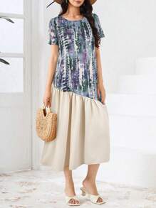 Al Najma Women Casual Printed Patchwork Dress, For Holiday - Blue - View 2