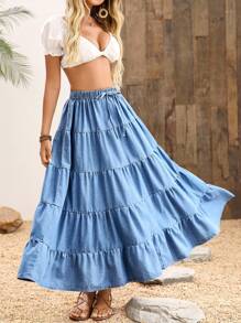 LanaWest 女式牛仔长裙，夏季时尚 - 藍色 - 查看 7