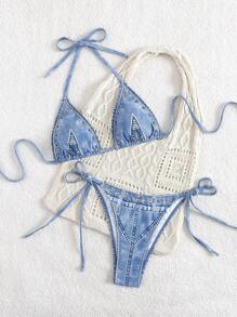 SHEIN Swim 全新夏季女式仿牛仔印花细肩带露背系带上衣和侧系带比基尼泳裤两件套泳衣套装 - 彩色 - 查看 2