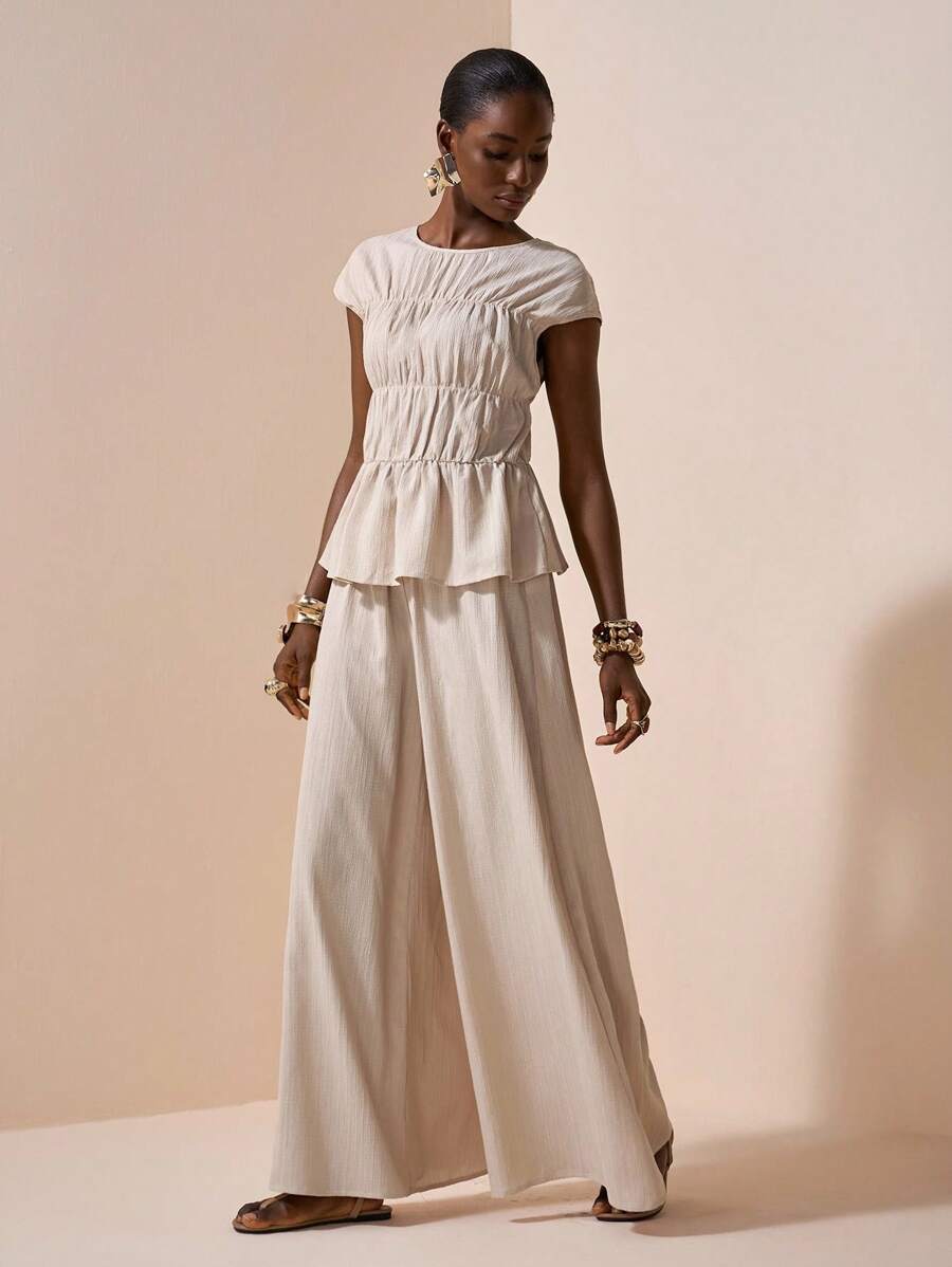 Zivah Off-White,Summer,Elegant,Vacation Linen Outfits For Women,2 Pieces Set Short Sleeve Ruched Hem Blouse And Wide Leg Pants,Collegiate Fashion Outfit
