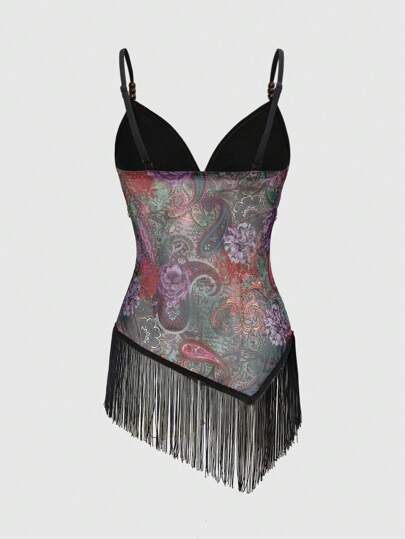 Hippie Top halter sin espalda con estampado de paisley, cuentas y flecos en el bajo, de estilo retro hippie y western para festivales de música, para mujeres